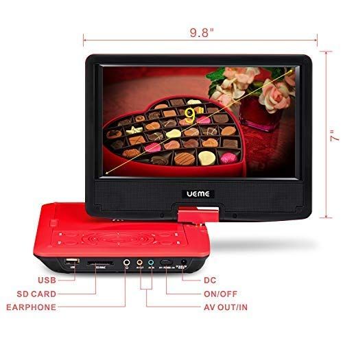  UEME Portable DVD CD Player with 9 Inches Screen, Car Headrest Mount Holder, Remote Control, Built in Rechargeable Battery, Wall Charger, Car Charger, Personal DVD Players (Red)