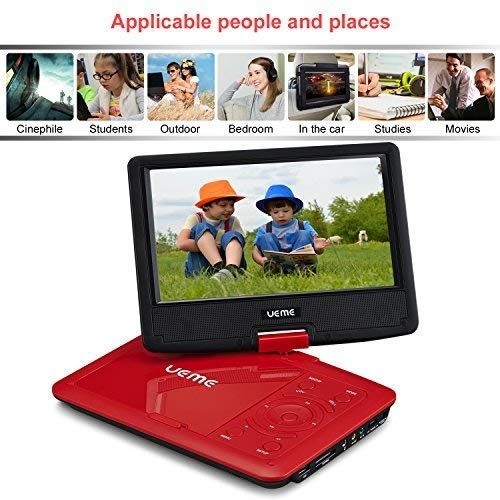  UEME Portable DVD CD Player with 9 Inches Screen, Car Headrest Mount Holder, Remote Control, Built in Rechargeable Battery, Wall Charger, Car Charger, Personal DVD Players (Red)