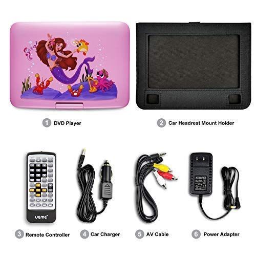  UEME Portable DVD CD Player, with 10.1 Inches LCD Screen  Canvas Headrest Holder  Remote Control  Car Charger  Wall Charger, Personal DVD Players Built-in Rechargeable Battery