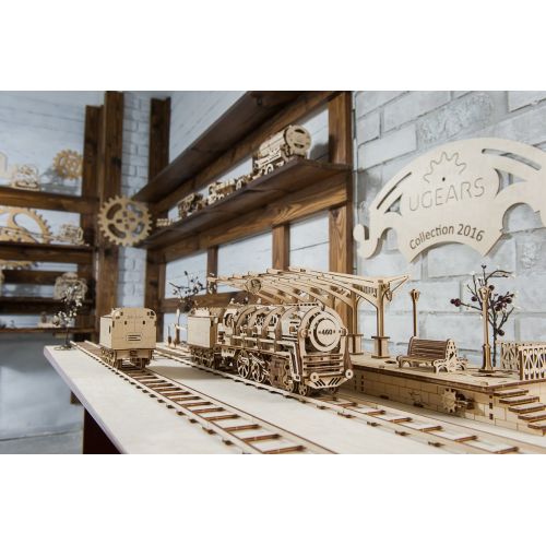  UGEARS Bundle 3 in 1 Locomotive + Railway Platform + Rails Mechanical 3D Puzzle Eco-Friendly Gift Brainteaser DIY Teens Adults Boys Kids Toys