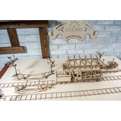  UGEARS Bundle 3 in 1 Locomotive + Railway Platform + Rails Mechanical 3D Puzzle Eco-Friendly Gift Brainteaser DIY Teens Adults Boys Kids Toys