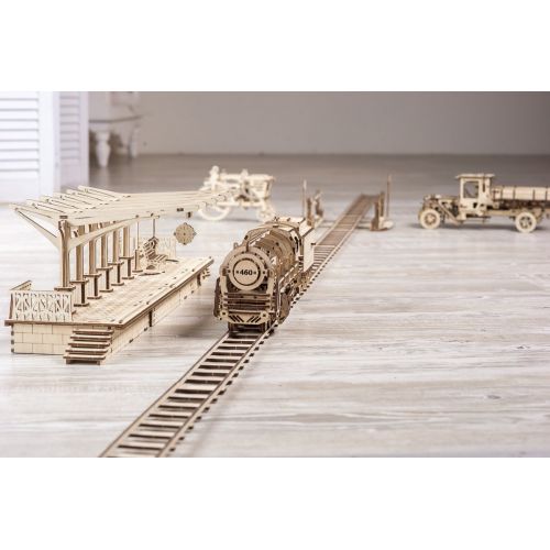  UGEARS Bundle 3 in 1 Locomotive + Railway Platform + Rails Mechanical 3D Puzzle Eco-Friendly Gift Brainteaser DIY Teens Adults Boys Kids Toys