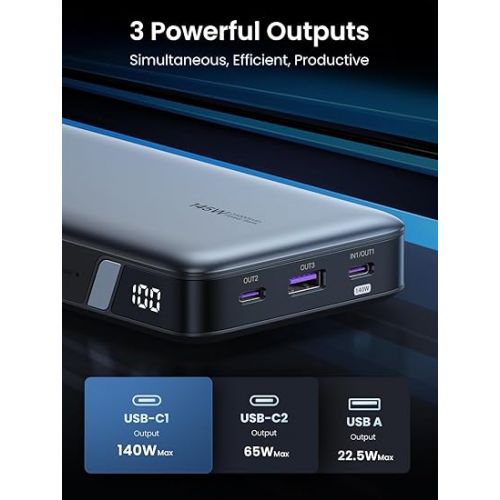  UGREEN Power Bank 25,000mAh 145W Laptop Portable Charger, Nexode 3-Port USB C PD Battery Pack, for MacBook Pro/Air, Dell XPS, iPhone 15/14/13, Galaxy S24, Steam Deck, AirPods, and More