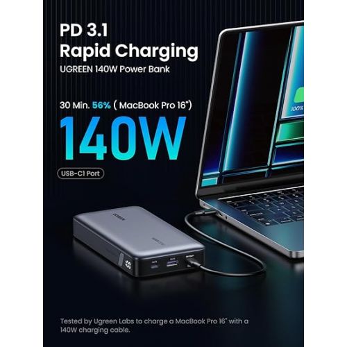  UGREEN Power Bank 25,000mAh 145W Laptop Portable Charger, Nexode 3-Port USB C PD Battery Pack, for MacBook Pro/Air, Dell XPS, iPhone 15/14/13, Galaxy S24, Steam Deck, AirPods, and More