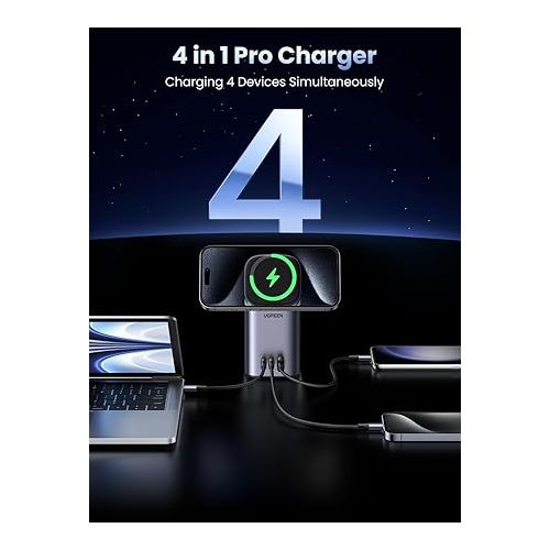  UGREEN MagSafe Charger Stand, Nexode 100W USB C Charger 4 in 1 with 15W MagSafe Wireless Fast Charging Station for iPhone 15 Pro Max/14/13/12, AirPods Pro, MacBook Pro, Galaxy S24