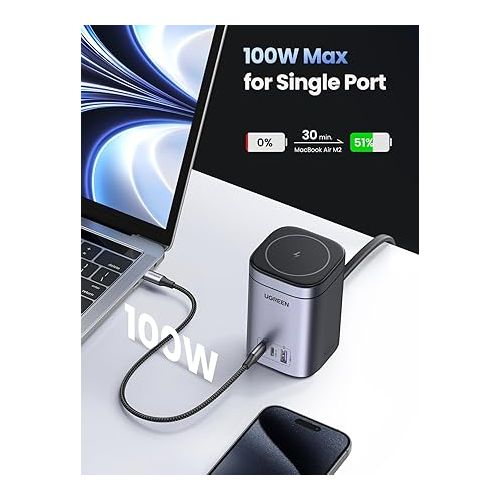  UGREEN MagSafe Charger Stand, Nexode 100W USB C Charger 4 in 1 with 15W MagSafe Wireless Fast Charging Station for iPhone 15 Pro Max/14/13/12, AirPods Pro, MacBook Pro, Galaxy S24