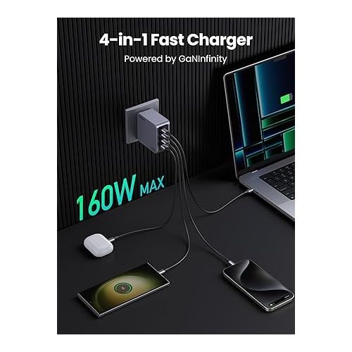  UGREEN Nexode Pro 160W USB C Charger, 4-Port PD 3.1 GaN Compact Fast PPS Wall Charger for MacBook Pro 16'' M2, Pixelbook, Dell XPS, iPad Pro, iPhone 15 Pro/14, Galaxy S23, Pixel 8, Steam Deck