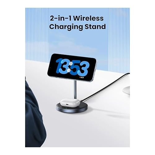  UGREEN 2-in-1 Magnetic Wireless Charging Station Compatible with iPhone 15 15 Plus 15 Pro 15 Pro Max 14 13 12 Series and AirPods Series, Wireless Charging Stand with 3 FT USB-C Cable (No AC Adapter)