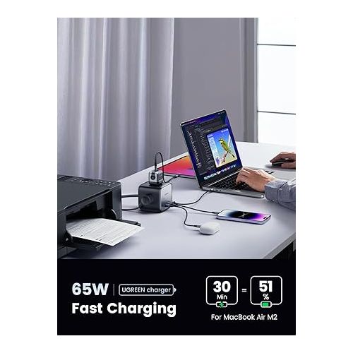  UGREEN 65W USB-C Charging Station with AC Outlet, Nexode 7-in-1 GaN Power Strip for Home, Office and Travel, with 3 AC, 2 USB C & 2 USB A, 6ft Extension Cord, for MacBook Pro, iPhone 15 Pro and More