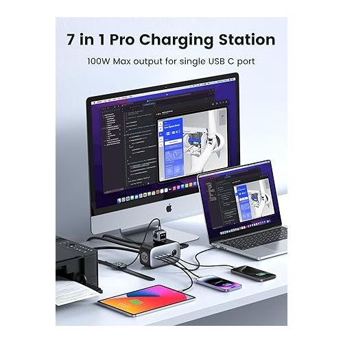  UGREEN 100W USB-C Charging Station with AC Outlet, Nexode 7-in-1 GaN Power Strip for Home and Office, with 3 AC, 3 USB C & 1 USB A, 6ft Extension Cord, for MacBook Pro/Air, iPhone 15, Galaxy S24, iPad