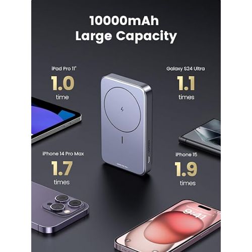  UGREEN 10,000mAh Magnetic Power Bank Battery Pack 3 Ports Foldable Wireless Portable Charger PD 20W Fast Charging Compatible with Magsafe iPhone 15/15 Plus/15 Pro/15 Pro Max/14/13/12 Series