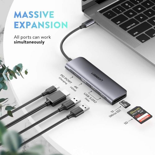  [아마존 핫딜]  [아마존핫딜]UGREEN USB C HUB HDMI 4K Adapter USB C HDMI Hub Aluminium USB Typ C Hub mit 2 USB 3.0, SD/TF Kartenslots, 100W Power Delivery Kompatibel mit MacBook Air 2019, Surface Go, Samsung G