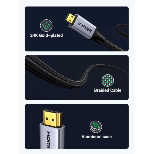  UGREEN 4K 60Hz Micro HDMI to HDMI Cable 3.3FT, Aluminum Shell Braided Micro HDMI 2.0 Cord Support HDR 3D ARC High Speed 18Gbps Compatible with Hero 7 6 5 Sony A6000 A6300 Camera Ni