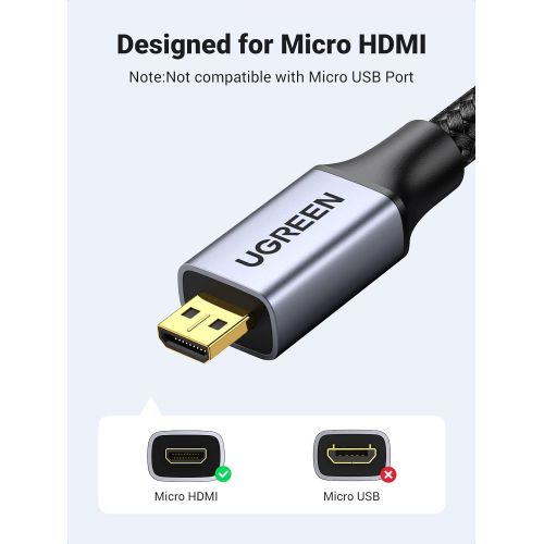  UGREEN 4K 60Hz Micro HDMI to HDMI Cable 3.3FT, Aluminum Shell Braided Micro HDMI 2.0 Cord Support HDR 3D ARC High Speed 18Gbps Compatible with Hero 7 6 5 Sony A6000 A6300 Camera Ni