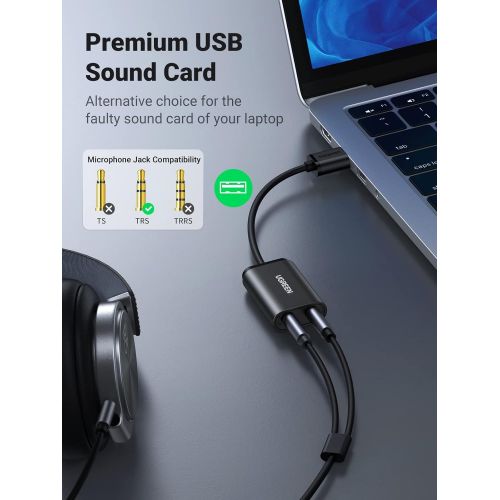  [아마존베스트]UGREEN USB Audio Adapter External Stereo Sound Card with 3.5mm Headphone and Microphone Jack for Windows, Mac, Linux, PC, Laptops, Desktops, PS5 (Black)