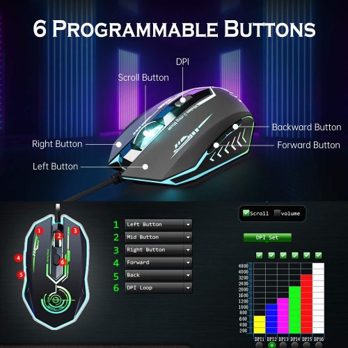  Gaming Mouse Wired, UHURU USB Computer Mice with 6 Programmable Buttons, 4 Adjustable DPI Up to 4800, 7 Backlight Modes Ergonomic RGB Gaming Mouse for Laptop PC Gamers