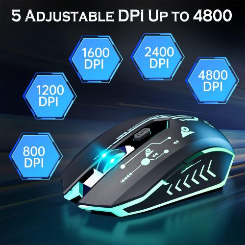  UHURU WM-02Z Wireless Gaming Mouse, 2.4G Wireless Rechargeable Mouse with 6 Programmable Buttons, 5 Adjustable Levels DPI Up to 4800DPI, 7 Colorful LED Lights for Notebook, PC, Com