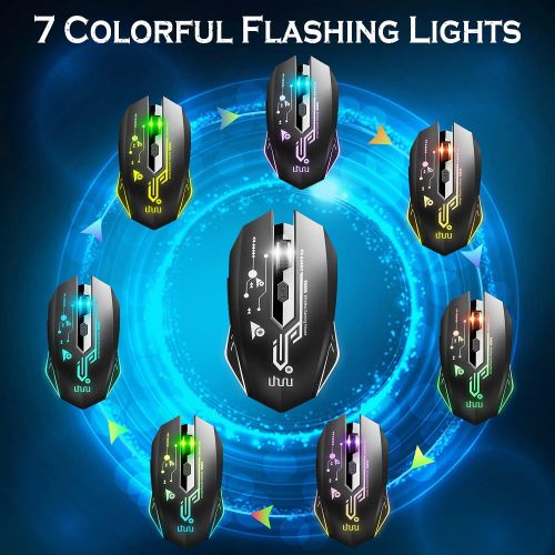  UHURU WM-02Z Wireless Gaming Mouse, 2.4G Wireless Rechargeable Mouse with 6 Programmable Buttons, 5 Adjustable Levels DPI Up to 4800DPI, 7 Colorful LED Lights for Notebook, PC, Com