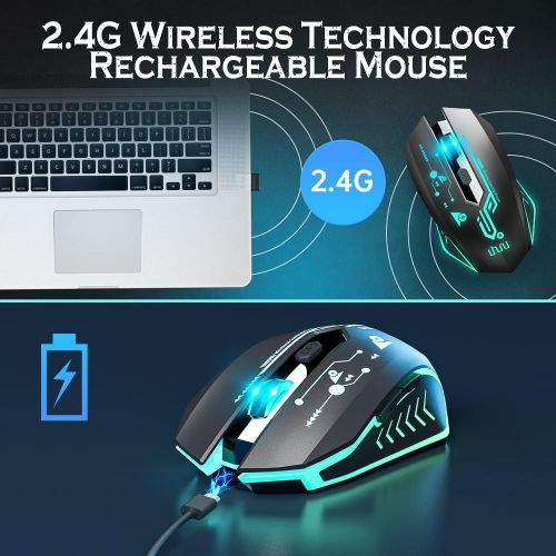  UHURU WM-02Z Wireless Gaming Mouse, 2.4G Wireless Rechargeable Mouse with 6 Programmable Buttons, 5 Adjustable Levels DPI Up to 4800DPI, 7 Colorful LED Lights for Notebook, PC, Com