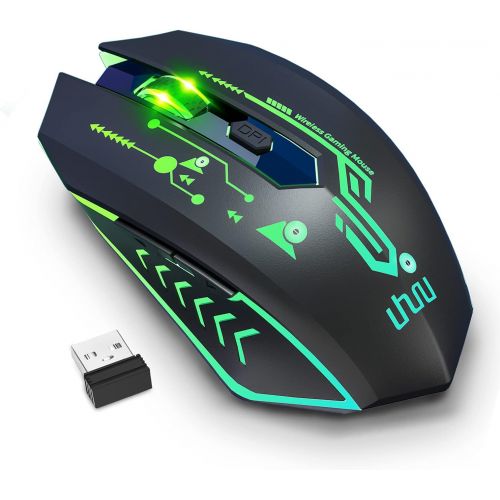  UHURU WM-02Z Wireless Gaming Mouse, 2.4G Wireless Rechargeable Mouse with 6 Programmable Buttons, 5 Adjustable Levels DPI Up to 4800DPI, 7 Colorful LED Lights for Notebook, PC, Com