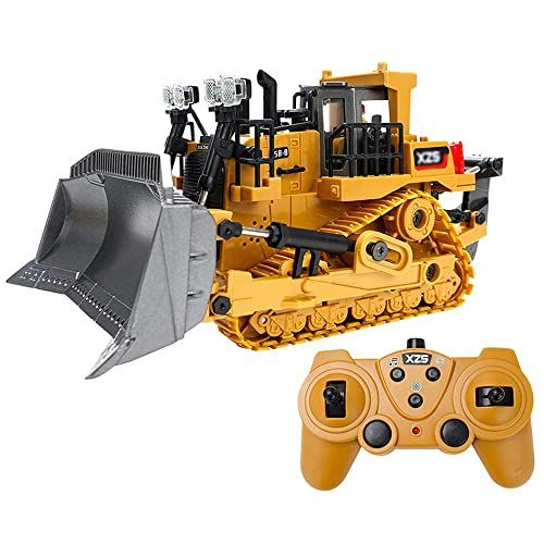  UJIKHSD 9 Channel RC Bulldozer, Remote Control Excavator, 1:24 Crawler Front Loader Construction Vehicles Toy Tractor with 2.4Ghz Transmitter and Alloy Shovel,Lights, Simulation So