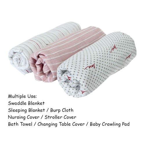  UKADOU Muslin Swaddle Blankets for Baby Girl Boy - Organic Soft Cotton 4747 Large,3 Pack (Pink)