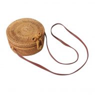 UKURO Circle Hand Woven Bali Round Shoulder Bag Retro Rattan Straw Crossbody HandBag With Leather Shoulder Straps