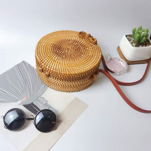  UKURO Circle Hand Woven Bali Round Shoulder Bag Retro Rattan Straw Crossbody HandBag With Leather Shoulder Straps