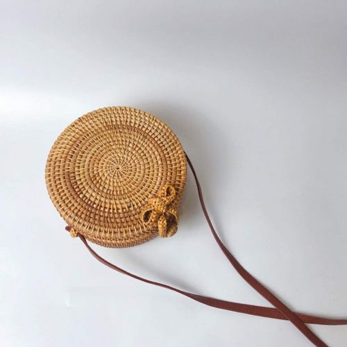  UKURO Circle Hand Woven Bali Round Shoulder Bag Retro Rattan Straw Crossbody HandBag With Leather Shoulder Straps