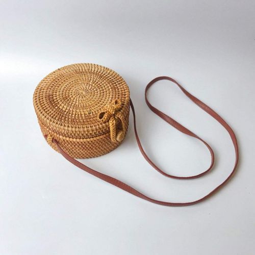  UKURO Circle Hand Woven Bali Round Shoulder Bag Retro Rattan Straw Crossbody HandBag With Leather Shoulder Straps