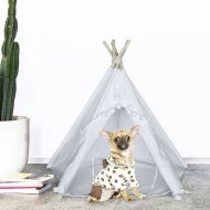 UKadou Pet Teepee Tent for Dogs Cats Foldable Portable Cotton Canvas Pet Bed House for Rabbit Puppy 5 Poles Dog Tent with Floor 24 Inches White Color(Pompom Style)