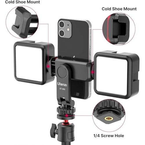  ULANZI Phone Tripod Mount ST-06S, New Universal Smartphone Mount Adapter with 2 Cold Shoe, 360° Rotates Adjustable Cell Phone Clip Clamp Holder, Compatible with iPhone, Samsung Galaxy and All Phones