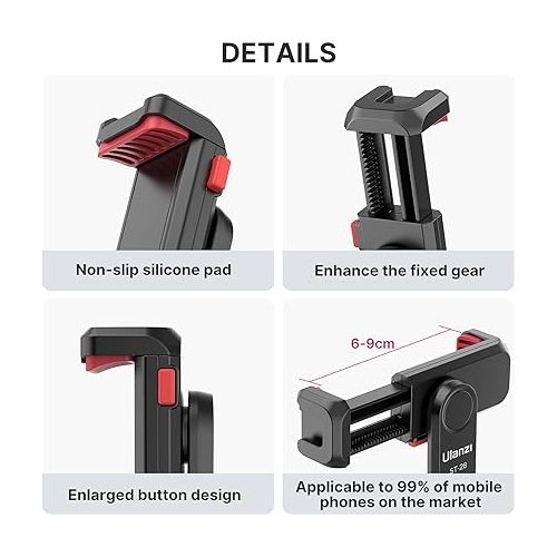  ULANZI Phone Tripod Mount ST-06S, New Universal Smartphone Mount Adapter with 2 Cold Shoe, 360° Rotates Adjustable Cell Phone Clip Clamp Holder, Compatible with iPhone, Samsung Galaxy and All Phones