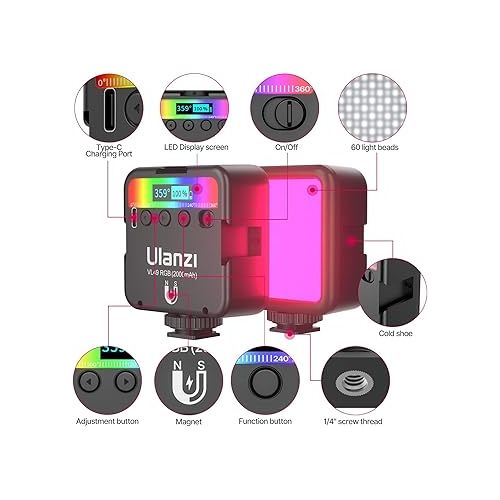  ULANZI VL49 RGB Video Lights, LED Camera Light 360° Full Color Portable Photography Lighting w 3 Cold Shoe, 2000mAh Rechargeable CRI 95+ 2500-9000K Dimmable Panel Lamp Support Magnetic Attraction