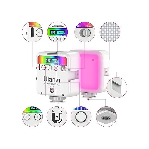  ULANZI VL49 RGB Video Lights White, LED Camera Light 360° Full Color Portable Photography Lighting w 3 Cold Shoe, 2000mAh Rechargeable CRI 95+ 2500-9000K Lamp Support Magnetic Attraction