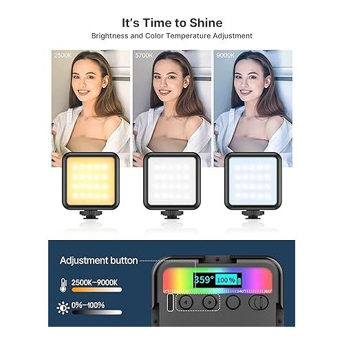  ULANZI RGB Video Lights VL49, LED Camera Light 360° Full Color Portable Photography Lighting w 3 Cold Shoe, 2000mAh Rechargeable CRI 95+ 2500-9000K Dimmable Panel Lamp Support Magnetic Attraction