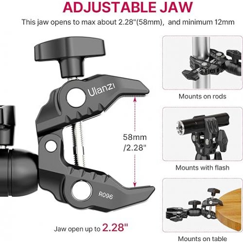  ULANZI Super Clamp Double Camera Clamp, R096 Crab Plier Clip Bracket Mount Monitor Magic Arm Double Ball Head Adapter for Photo Studio Light Stand, Photography Reflector, Photo Boom Stand, Cross Bars