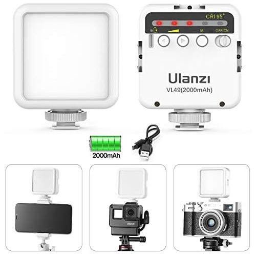  ULANZI VL49 2000mAh LED Video Light w 3 Cold Shoe, Rechargeable Soft Light Panel for DJI OSMO Mobile 3 Pocket Zhiyun Smooth 4 Sony RX100 VII Canon G7X Mark III A6400 6600 Camera Go