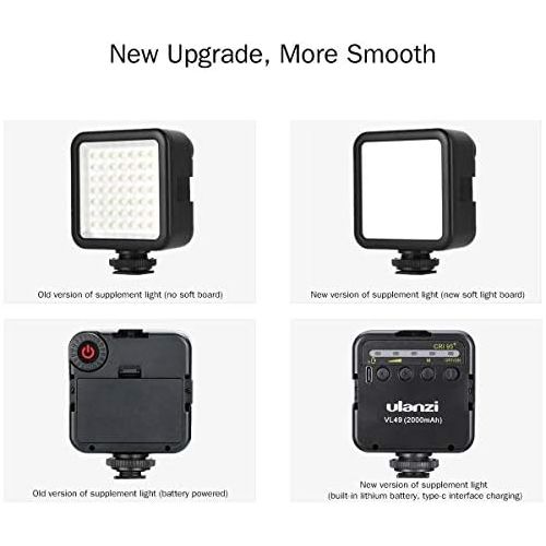  ULANZI VL49 2000mAh LED Video Light w 3 Cold Shoe, Rechargeable Soft Light Panel, Portable Photography Lighting for DJI OSMO Sony DSLR Canon Camera GoPro Vlogging