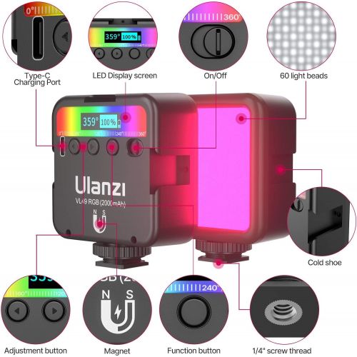  [아마존베스트]ULANZI VL49 RGB Video Lights, LED Camera Light 360° Full Color Portable Photography Lighting w 3 Cold Shoe, 2000mAh Rechargeable CRI 95+ 2500-9000K Dimmable Panel Lamp Support Magn