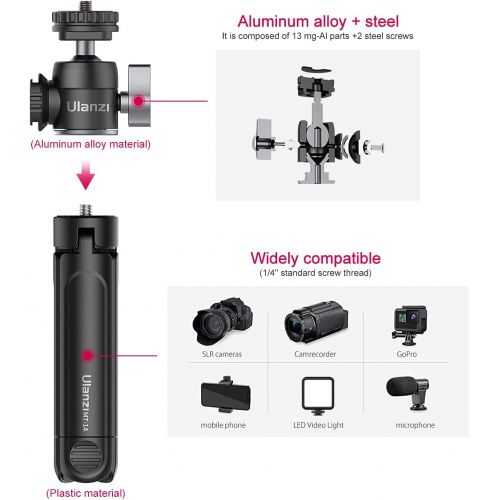  [아마존베스트]ULANZI Mini Camera Tripod with 360° Ball Head & Cold Shoe, Extendable Small Selfie Stick Tabletop Tripod Stand Handle Grip for Camera iPhone 11 Canon G7X Mark III Sony ZV-1 RX100 V