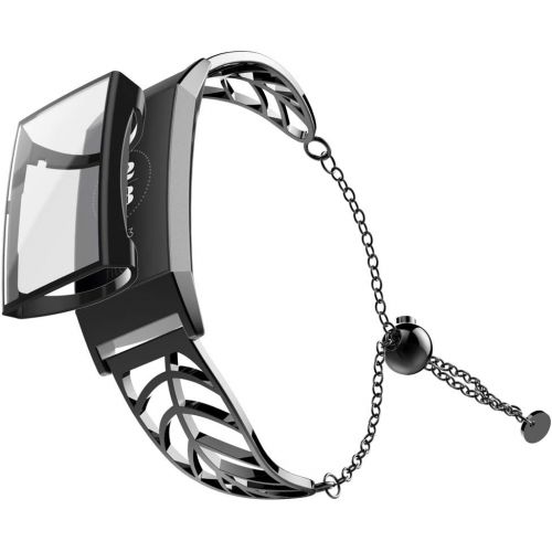  [아마존베스트]UMTELE Band Compatible with Fitbit Charge 3 Leaf Shape Stainless Steel Bracelet Women Replacement Band with Full Cover Screen Protector Case for Fitbit Charge 3 & Charge 3 SE
