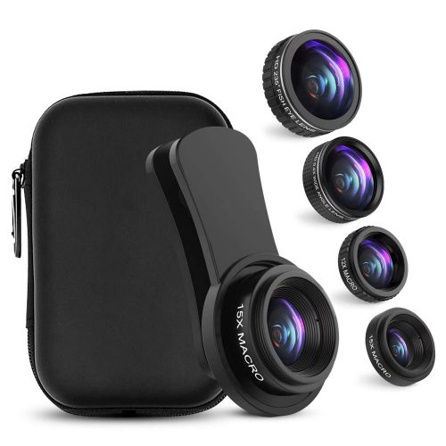  UMTELE Phone Camera Lens, 0.4X Wide Angle Lens + 12X Macro Lens & 235° Fisheye Lens + 15X Macro Lens, Clip on Cell Phone Camera Lens for iPhone 8 7 6s 6Plus, Samsung Smartphones & Tablet