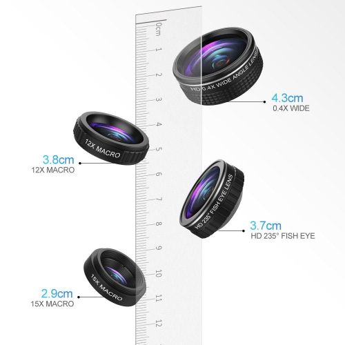  UMTELE Phone Camera Lens, 0.4X Wide Angle Lens + 12X Macro Lens & 235° Fisheye Lens + 15X Macro Lens, Clip on Cell Phone Camera Lens for iPhone 8 7 6s 6Plus, Samsung Smartphones & Tablet