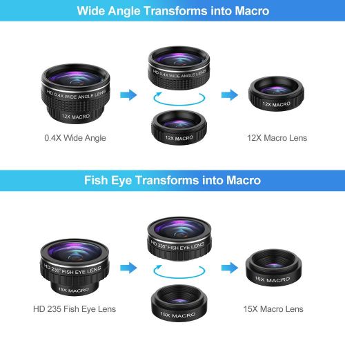  UMTELE Phone Camera Lens, 0.4X Wide Angle Lens + 12X Macro Lens & 235° Fisheye Lens + 15X Macro Lens, Clip on Cell Phone Camera Lens for iPhone 8 7 6s 6Plus, Samsung Smartphones & Tablet