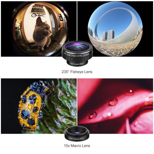  UMTELE Phone Camera Lens, 0.4X Wide Angle Lens + 12X Macro Lens & 235° Fisheye Lens + 15X Macro Lens, Clip on Cell Phone Camera Lens for iPhone 8 7 6s 6Plus, Samsung Smartphones & Tablet