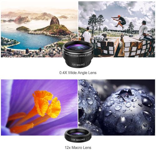  UMTELE Phone Camera Lens, 0.4X Wide Angle Lens + 12X Macro Lens & 235° Fisheye Lens + 15X Macro Lens, Clip on Cell Phone Camera Lens for iPhone 8 7 6s 6Plus, Samsung Smartphones & Tablet