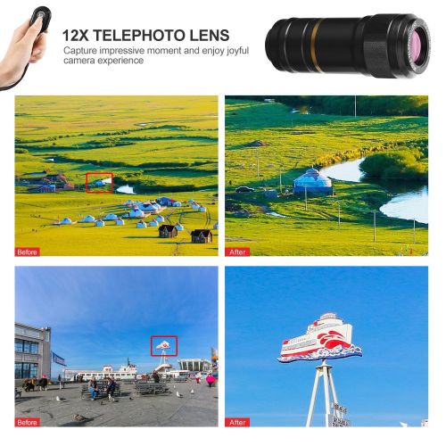  Cell Phone Camera Lens, 4 in 1 Phone Camera Lens, UMTELE 12X Telephoto Lens + Fisheye Lens + Wide Angle Lens + Macro Lens with Remote Shutter