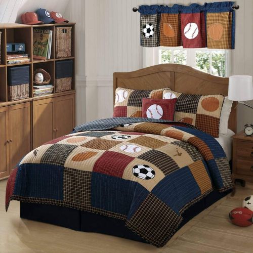  UN3 3 Piece Boys Tan Navy Red Brown Royal Blue Grey Full Queen Quilt Set, Sports Themed Bedding Patchwork Plaid Beige Basketball Soccer Football Baseball Stylish Fun Colorful Bold Athl