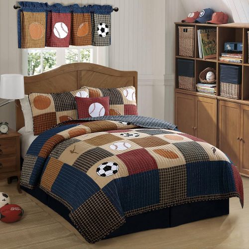  UN3 3 Piece Boys Tan Navy Red Brown Royal Blue Grey Full Queen Quilt Set, Sports Themed Bedding Patchwork Plaid Beige Basketball Soccer Football Baseball Stylish Fun Colorful Bold Athl